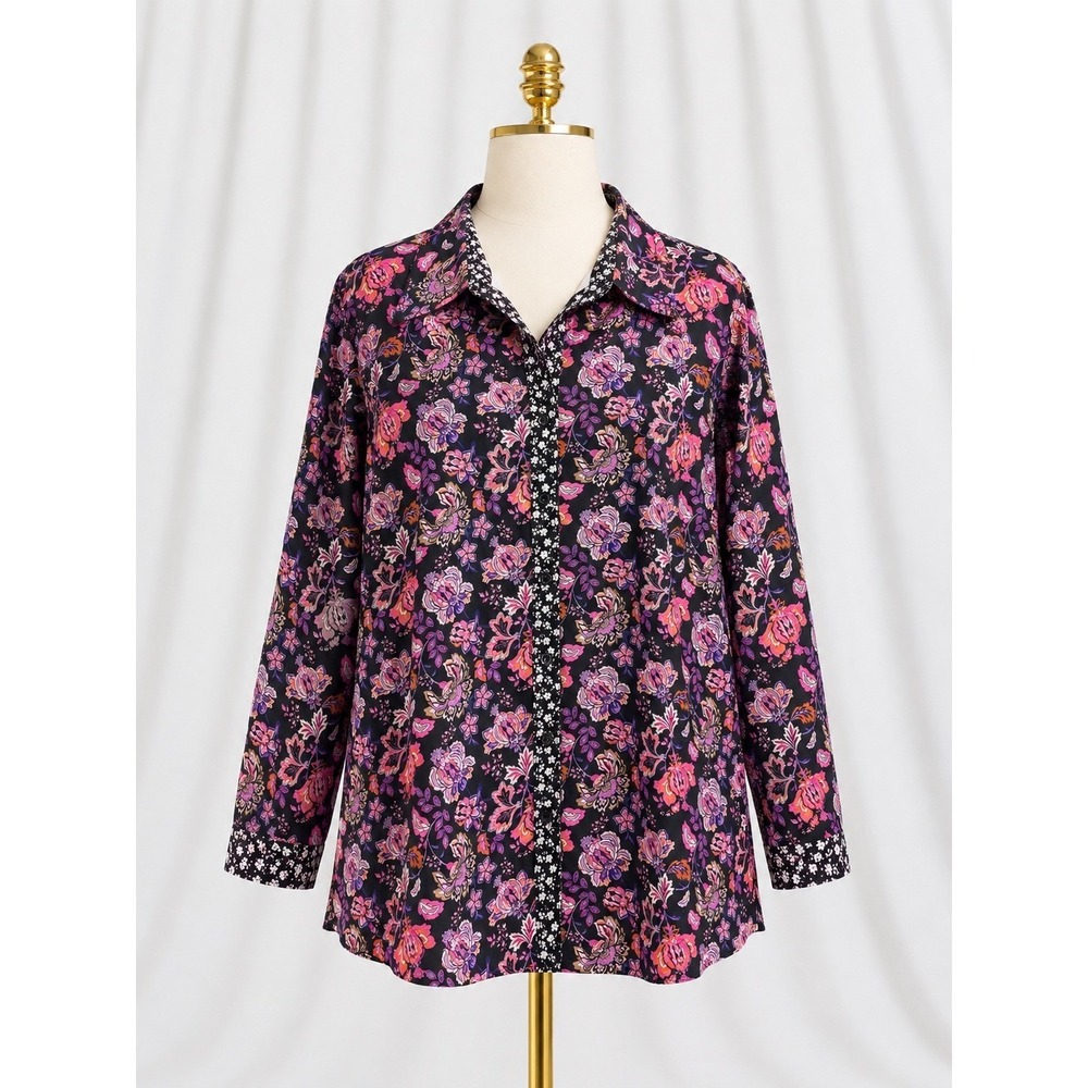 Appleseed's Button Up Shirt Women 2X Purple Pink Floral Long Sleeve‎ Stretch